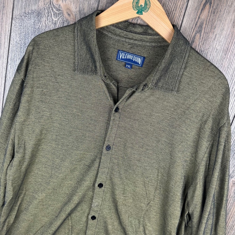 Vilebrequin Mens Olive Green Cotton Pique Long Sleeve Button Down Shirt XXL